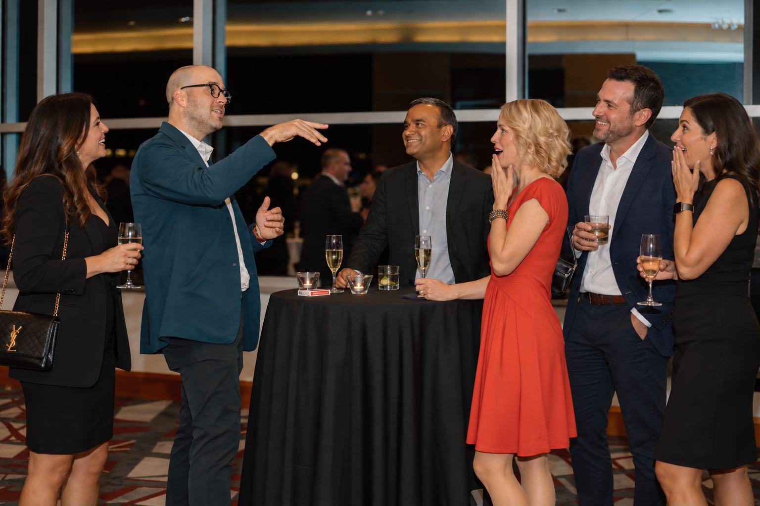 Guests laughing during Michael Bourada's mingling magic performance